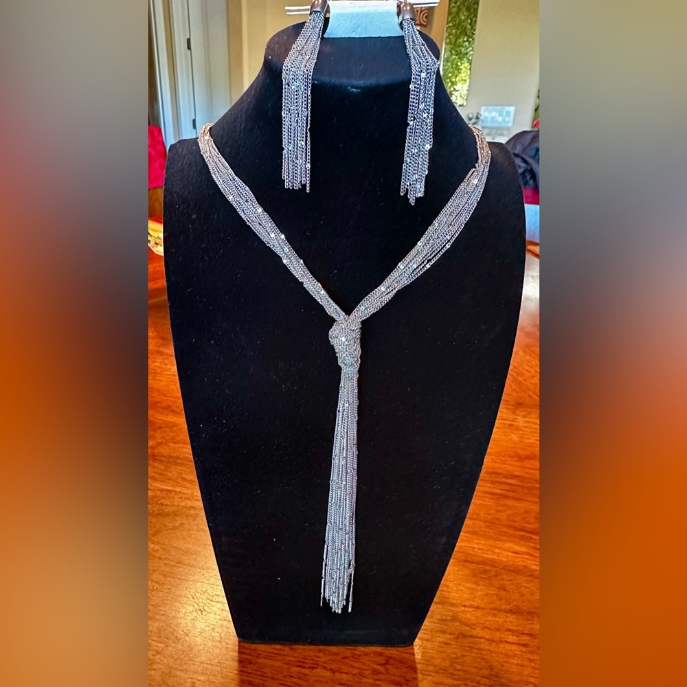 Matching Set Silvertone long 26” Necklace and Earrings. Pierced wire dangle NWT.